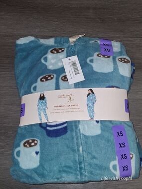 munki munki Blue Hooded Fleece Onesie with Coffee Mug Print
